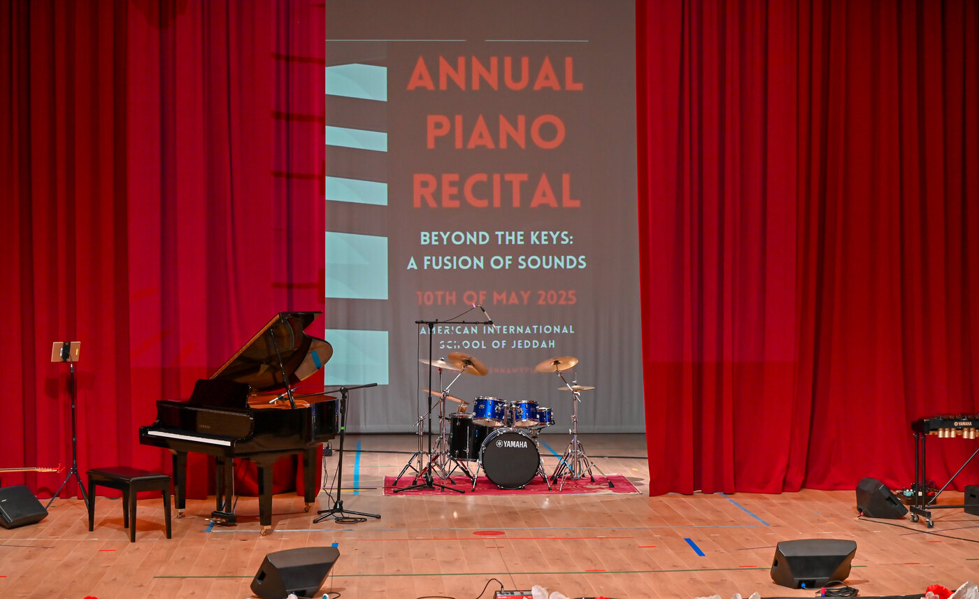The recital stage with grand piano and percussion before the audience arrives